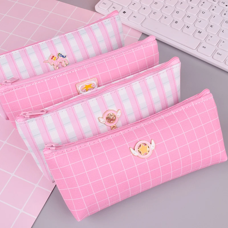 New Pink Square grid waterproof PU student pencil case school pencil