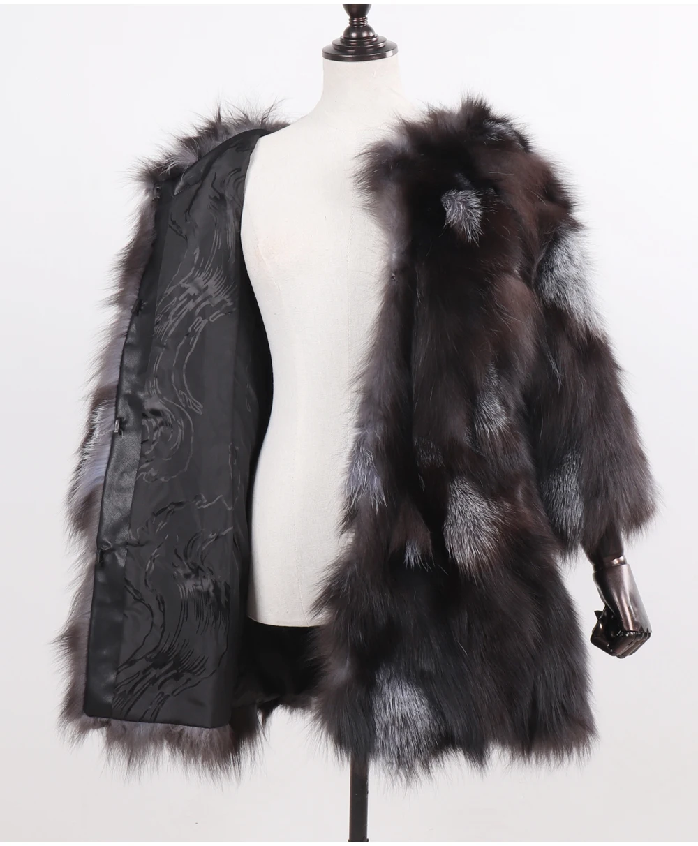 Женская длинная стильная натуральная черно-бурая лиса шуба натуральный теплый лисий мех верхняя одежда женская зимняя модная куртка из натурального Лисьего меха