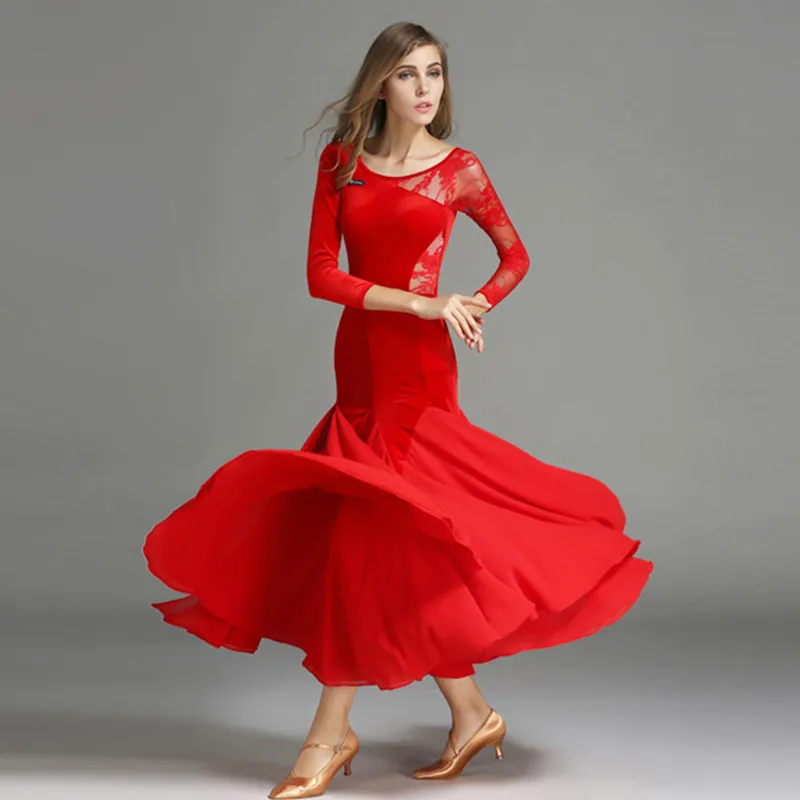 

black long sleeves velvet ballroom dance competition dresses waltz dance dress woman lace red flamenco standard dance dresses