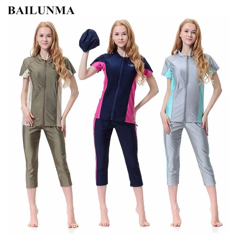 

Beach Muslim Swimwear Sunscreen Islamic Women Swimsuit Patchwork Full Cover Short Sleeve Modest Muslim Swimwear with hat B1005