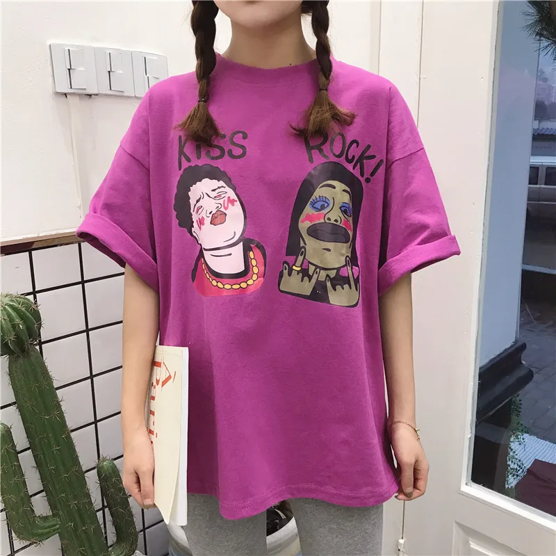 

Spoof fun ugly cartoon print kiss rock letter tops print purple Casual Clothing summer loose Harajuku BF fashion women shirt