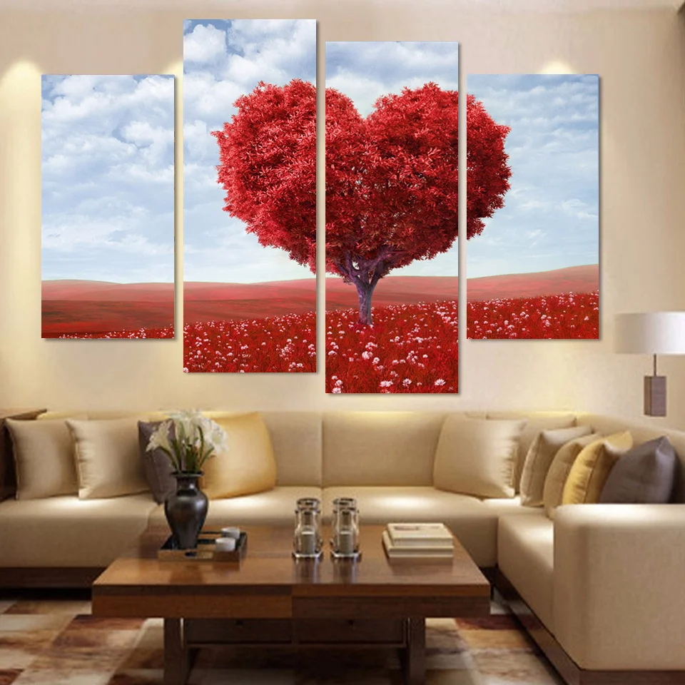 Modern 4 Piece Merah Memberikan Pohon Wall Art Decor Mural Lukisan