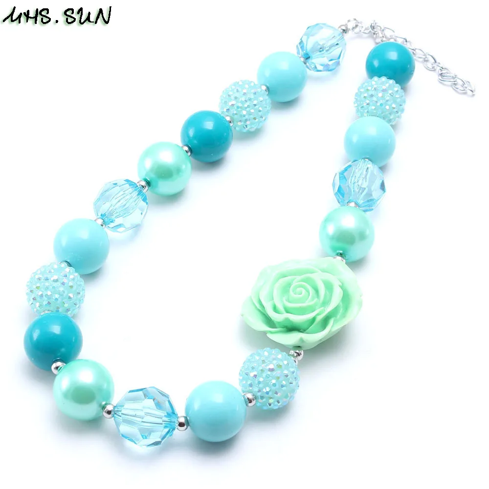 

MHS.SUN Kids Girls Rose Flower Light Blue Chunky Beads Necklace Fashion Child Baby Beads Necklace Chunky Bubblegum Jewelry 1Pcs