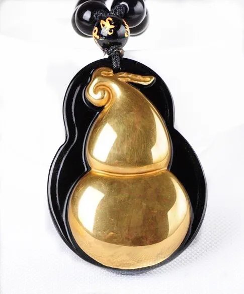 

Beautiful Chinese Natural Black Obsidian Carved Gold Color Cucurbit Lucky Amulet Pendant + free Necklace fashion Jewelry