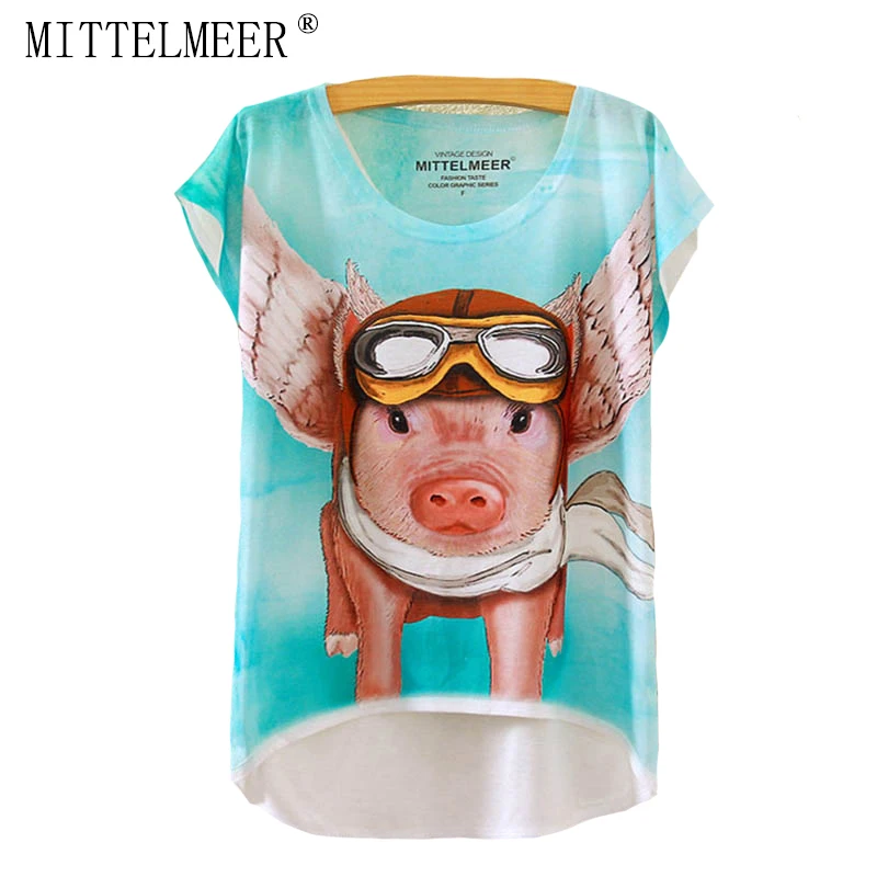 

MITTELMEER New Polyester T-Shirt Women Short Sleeve t-shirts o-neck Causal loose Flying Pig T Shirt Summer tops for women