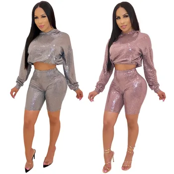 

Two Piece Sets Glitter Sequin Crop Top Hoodies Top And Bodycon Biker Shorts 2020 Women Spring Sexy Sweatsuits Party Club Outfits