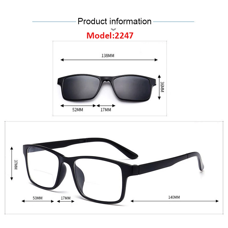 Bifocal Reading Glasses With Magnetic Clip-on Sunglasses Polarized 1.0 1.5 2.0 Classic Style Spectacles Frames Readers Eyeglass 6