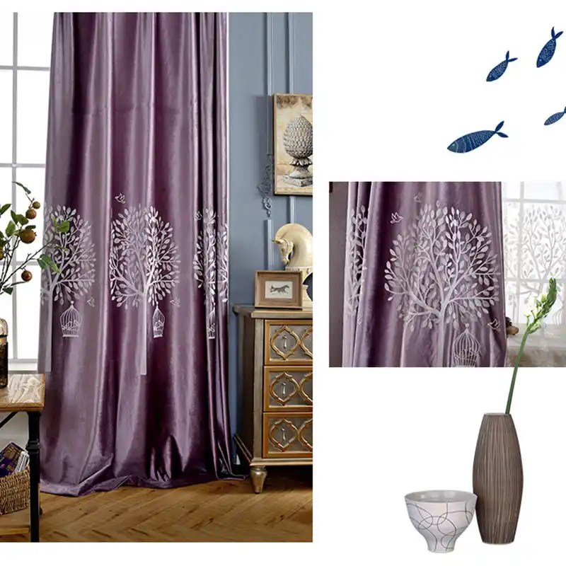 Purple Velvet Thick Blackout Curtains Living Room Tree Patterned