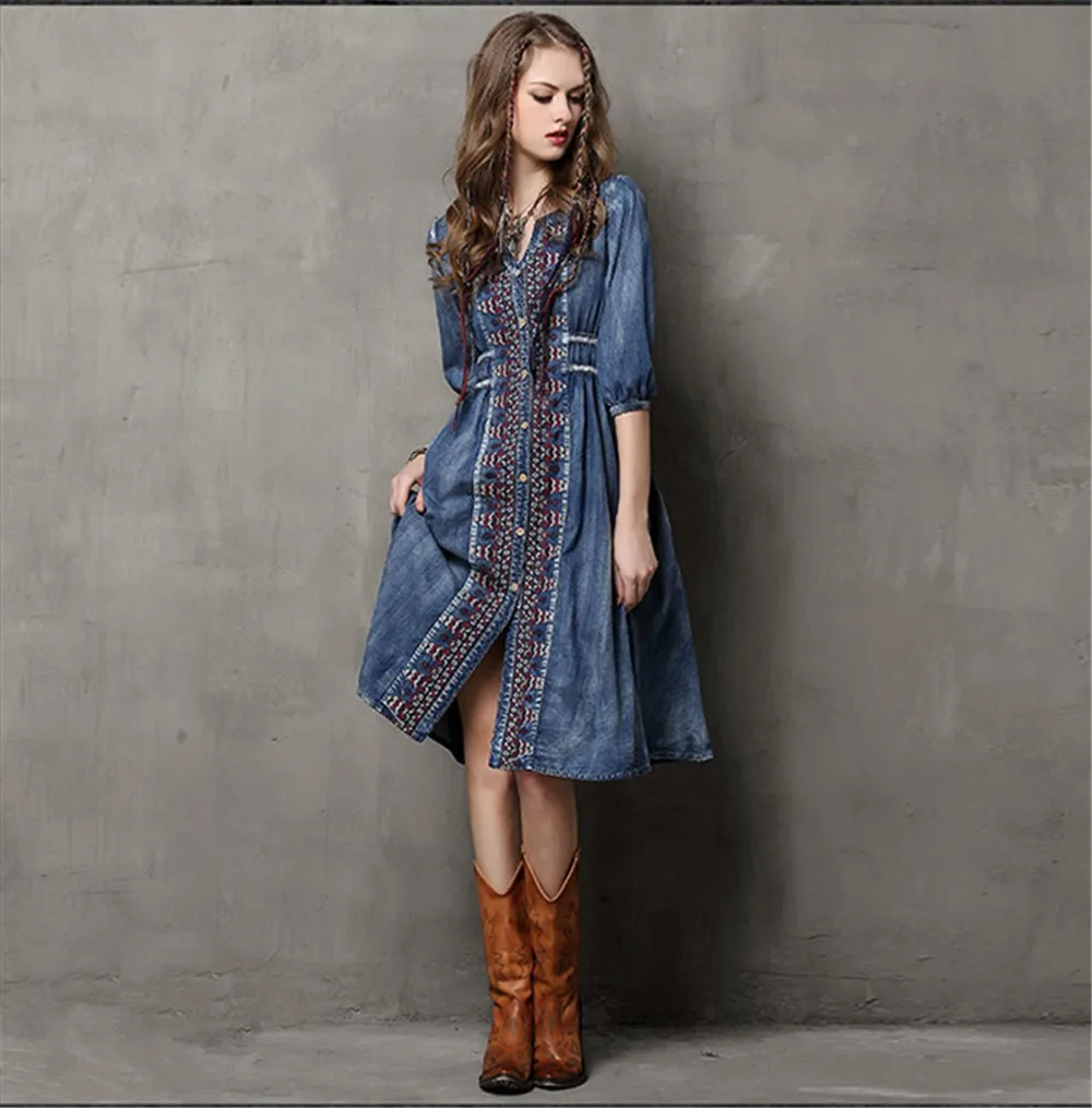 Summer-Fall Cow Vestidos Vintage V-Neck Cotton Dress Half Sleeve A-Line All Match Drawstring Loose Women Embroidery Dresses (2)