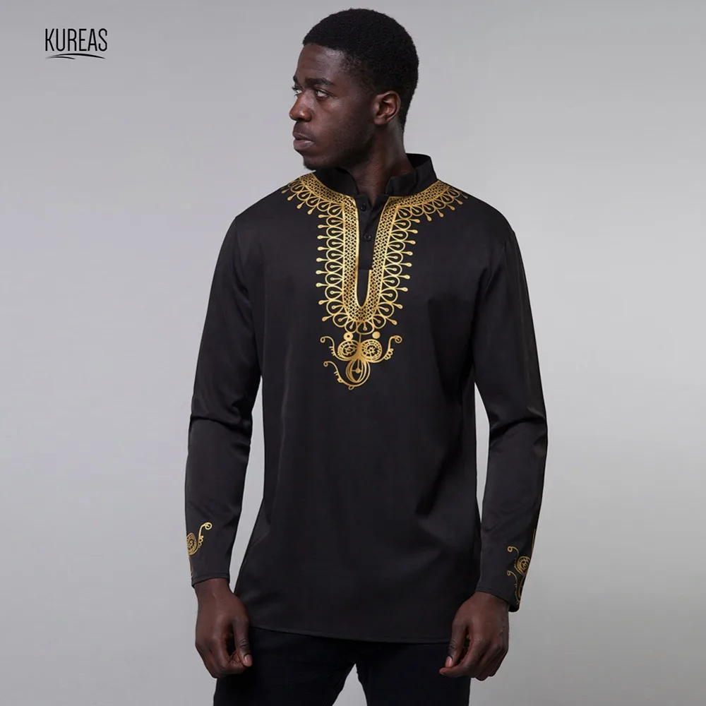 Kureas Dashiki Мужская африканская одежда с золотым принтом Футболки с длинным рукавом Топы со стоячим воротником Slim Fit традиционная африканская одежда