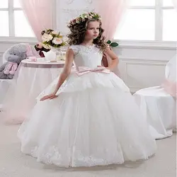 Белое, цвета слоновой кости кружево Аппликация Платье в цветочек для девочек, без рукавов, бальное платье в пол Длина, для принцессы, платье