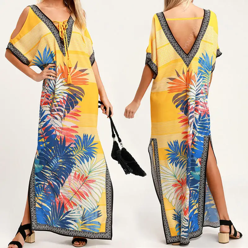 

2019 Yellow Bohemian Printed Lace Up V-neck V Back Side SPlit Summer Beach Dress Plus Size Women Beachwear Kaftan Sarongs N904