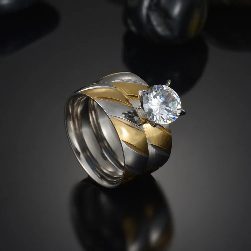 6mm x2 Romantic Wedding Ring White Zircon Gold-Color Stainless Steel Couple Rings for Lover Engagement Party Jewelry Gift