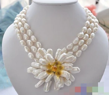 

HOT Sell* S173 3row white baroque pearl handmade biwa flower necklace