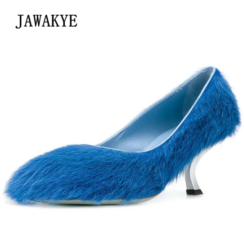 

2018 Chic Horsehair High Heels Women Round Toe Blue Pink Brown Real Fur Metal Strange Pumps Women Fashion Lazy Casual Shoes
