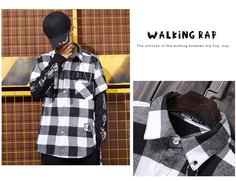 Red And Black Plaid Patchwork Shirt Men  (11)