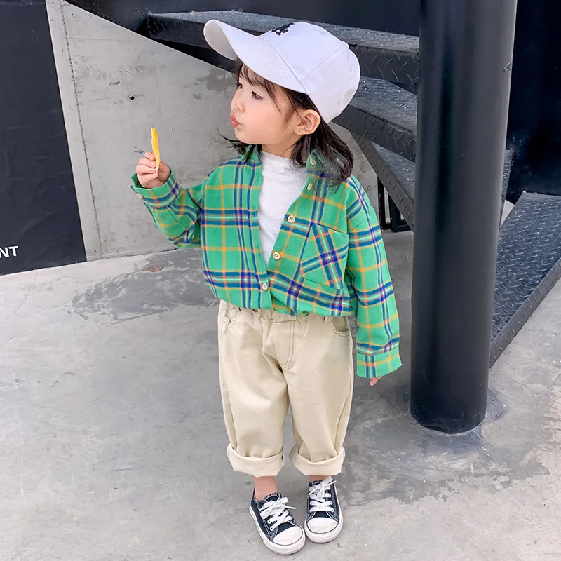 

baby girls Blouse 2-7 years old Cotton Blend fashion shirt dress spring and summer small square Single-breasted curved hem hot