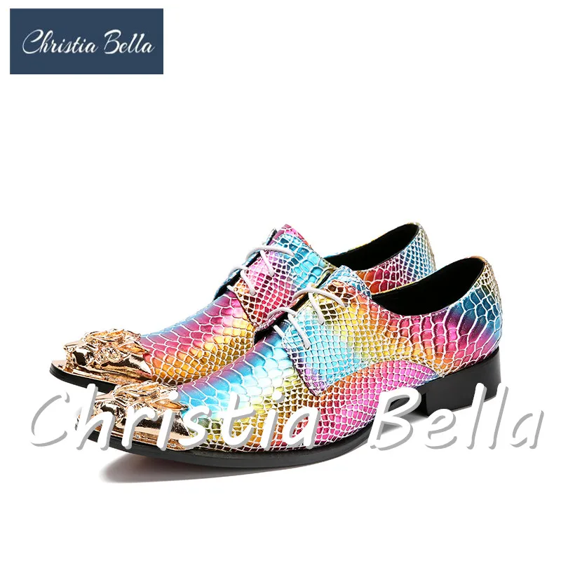 

Christia Bella Shiny Colorful Glod Metal Toe Genuine Leather Men Shoes Lace Up High Quality Dress Oxfords Italian Designer Flats