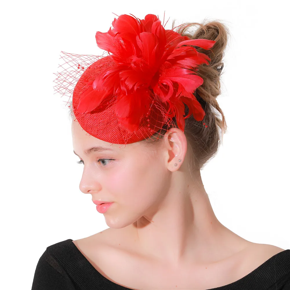 

Imitation Sinamay Red Fascinator Hat Headband Women Fashion Wedding Headwear Hair Clip Fancy Feather Headpiece For Party Dinner