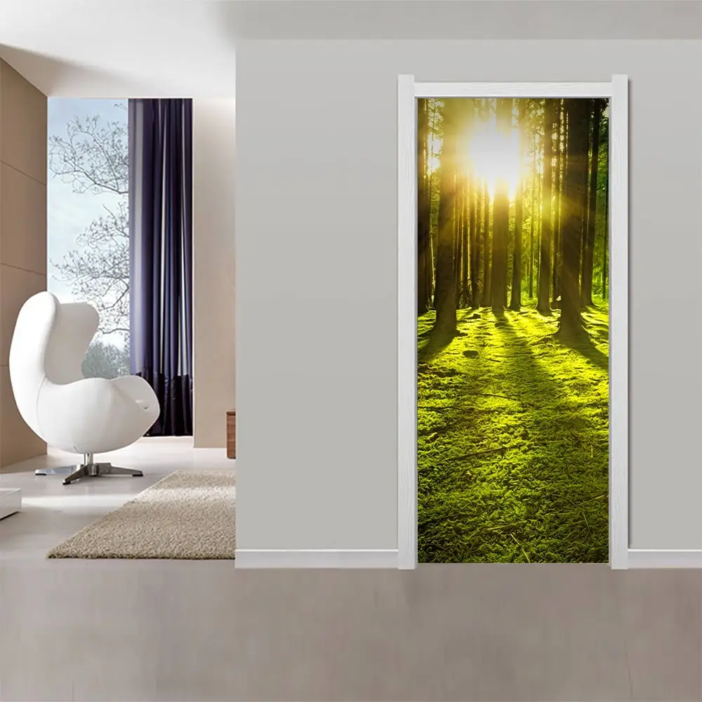 Online 3D Tür Aufkleber Traumhafte Wald Poster Wand Aufkleber Tür Wandbild Kunst Schlafzimmer Tür Wasserdichte PVC Aufkleber Tapete DIY Home Decor
