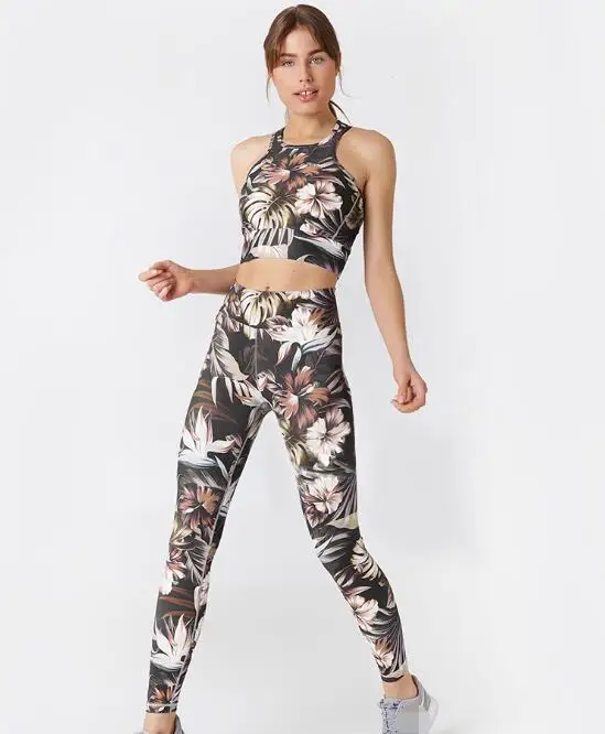 brown set EOEODOIT, женские леггинсы для спортзала, комплекты спортивной одежды, 2 шт., брюки в Имперском стиле, с цветочным принтом, высокая талия, эластичные, дышащие, для фитнеса, бедра, пуш-ап, бюстгальтер - Цвет: brown set