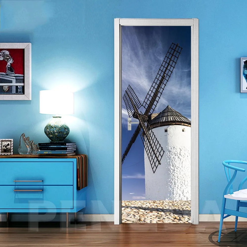 Door LXR3066-01 Самоклеющиеся 3d двери Стикеры домашний декор ветряная мельница пейзаж водонепроницаемые обои принты картины стены искусства обновления для спальни - Цвет: Door LXR3066-01