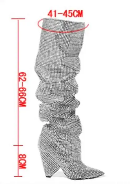 Blingbling/Новинка; модные женские сапоги до колена на не сужающемся книзу массивном каблуке; Серебряные стразы; сапоги до колена с серебряными бриллиантами; реальные фотографии на заказ