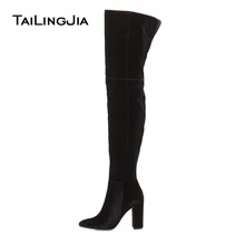 Women Black Velvet High Heel Thigh High Boots Ladies Faux Suede Round Toe Chunky Heel Over the Knee High Long Boots Big Size jeans denim gladiator fringe blue over the knee high thigh high autumn boots sexy open toe chunky heel women boots
