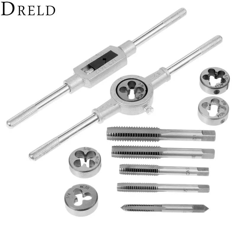 

DRELD 12Pcs 1/2''-6'' Inch Tap Die Set NC Screw Thread Plugs Taps with Adjustable Wrench Alloy Steel Hand Screw Taps Hand Tools
