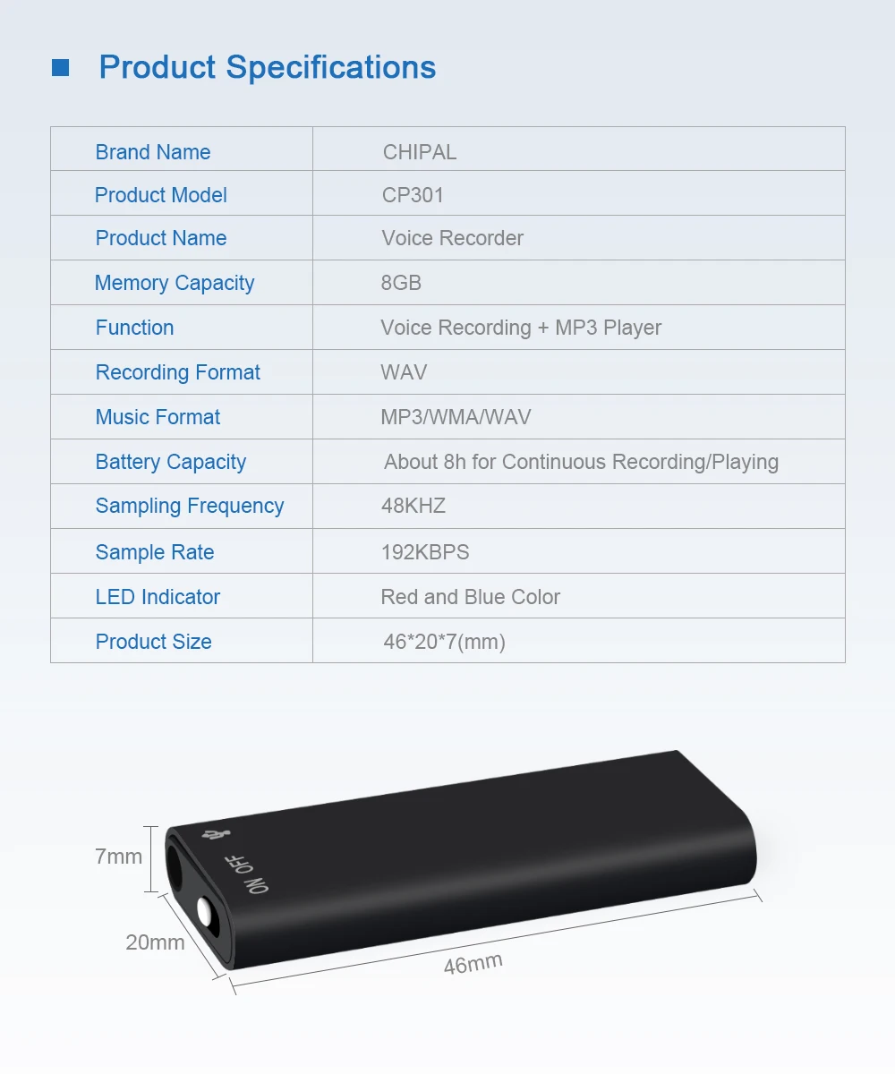 CHIPAL диктофон мировой маленький 8 Гб Профессиональный диктофон цифровой аудио мини-Диктофон+ MP3-плеер+ USB флэш-накопитель