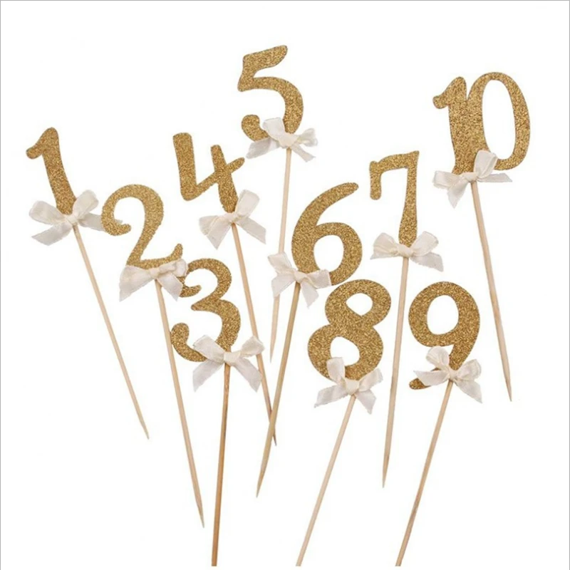 

0-9 Number 10pcs/set Gold Number Toppers Bow Birthday Party Decorations Kids Cake Topper Unicorn Party Wedding Baby Shower-C