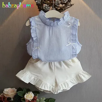 

2Piece/2-6Years/Summer Baby Girls Outfit Korean Kids Clothes Chiffon Sleeveless Blue T-shirt+Shorts Children Clothing Set BC1097