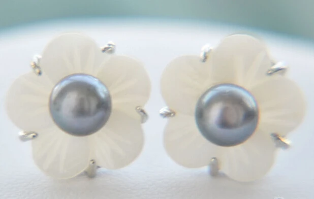 

Hot selling> Hot sale Free Shipping 5PCS >>>>15MM SHELL FLOWER BLACK FRESHWATER PEARL STUD EARRING -Bride jewelry free shipping