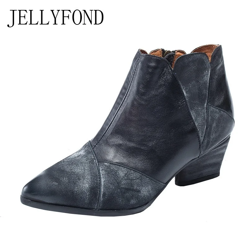 

JELLYFOND Brand Genuine Leather Ankle Boots Women Point Toe Platform High Heels Chelsea Boots 2018 Autumn Handmade Shoes Woman