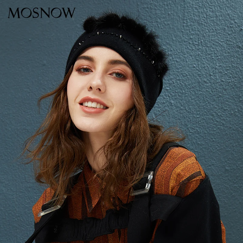 

2019 New Brand Winter Beanies With Mink Fur And Rhinestone Hats For Women Elegant Knit Hat Female Warm Cotton Beanie Skullies