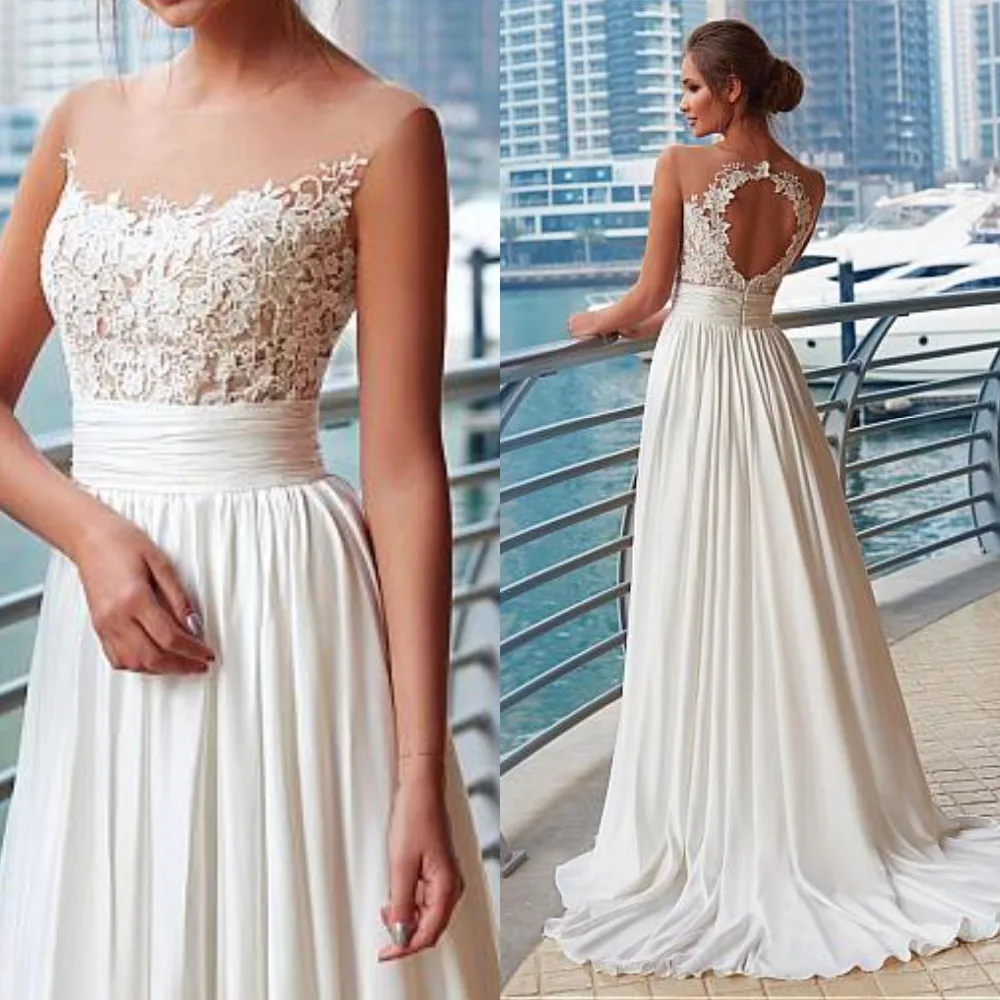 

Simple Beach Wedding Dress Appliques Sleeveless Chiffon Gowns 2019 Hot Sale Custom Made Bridal Gowns Illusion Design Dress