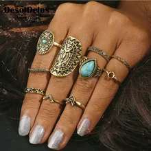 10pcs Vintage Big Stone Midi Ring Set For Women Boho Antique Gold Silver Heart Flower Knuckle Rings Boho Jewelry Anillos Gift vintage heart flower feather cuff ring set