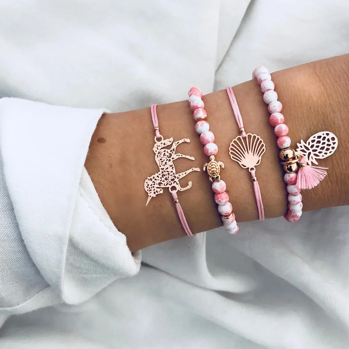 

LWMMD 4Pcs/Set Gold Color Crystal Wedding Bracelets Set Horse Fruit Charms Bracelets Bangles for Woman mens bracelets 2018