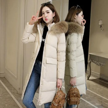 

2019 Korean version women's Single-breasted Solid color Long coat Fur collar winter hooded warm jacket thick cotton coat cc47