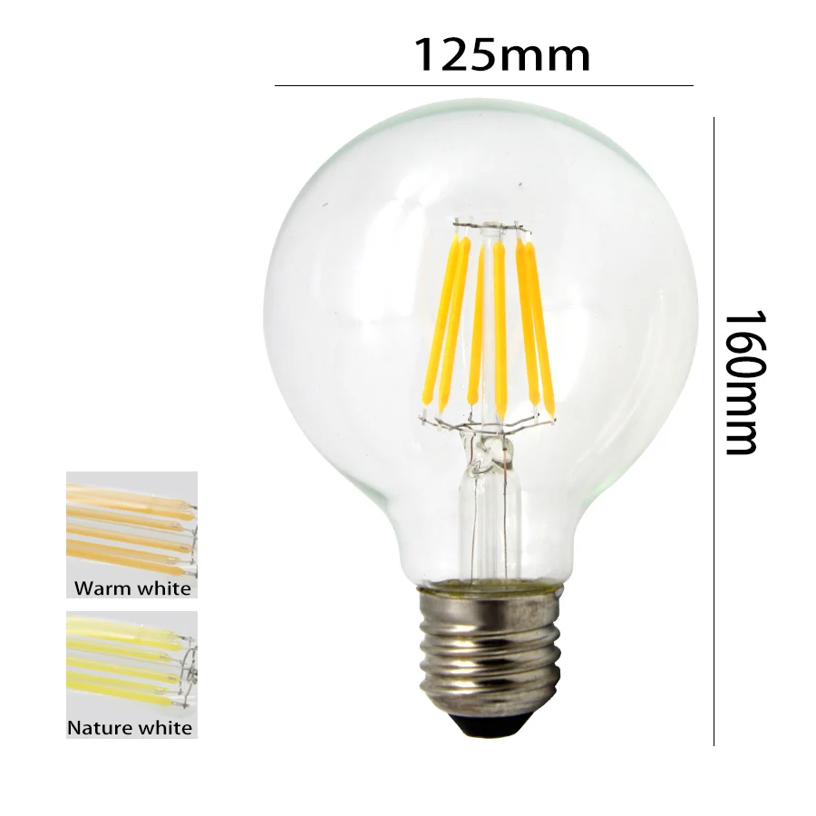 Светодиодный светильник накаливания G80 G95 G125 E27, винтажный светодиодный светильник Эдисона, 2 Вт, 4 Вт, 6 Вт, 8 Вт, большой Глобус, лампа для чая из прозрачного стекла, теплый желтый - Испускаемый цвет: G125Clear-White