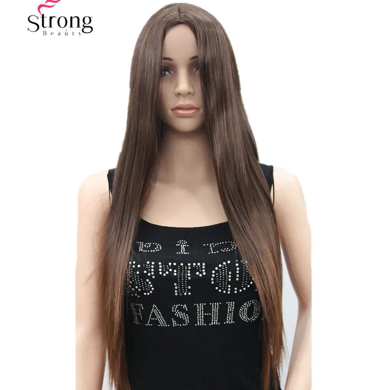 E-4118 2T30_Long Straight Brown Black, Center Skin Part, no Bangs, Full Synthetic Wig (1)