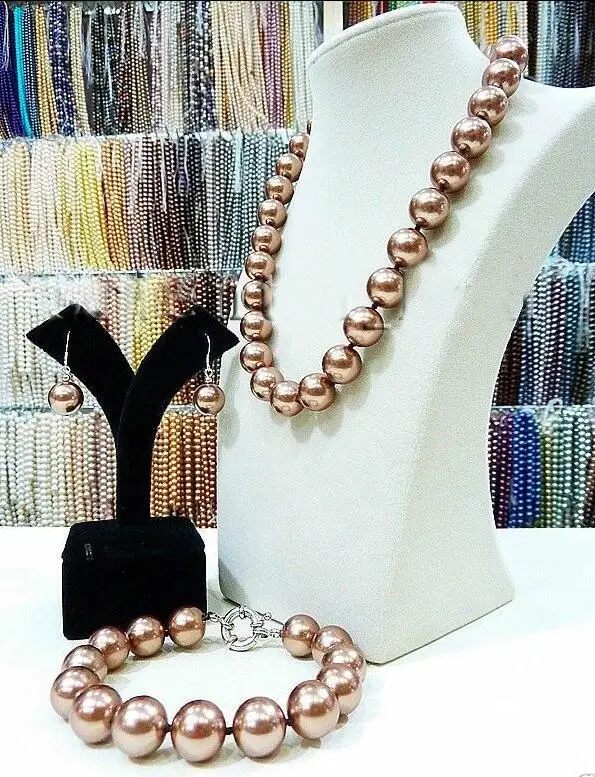 

Free shipping hot sale Women Bridal Wedding Jewelry >>Huge 14mm Light Brown South Sea Shell Pearl Necklace Bracelet Earrings Set