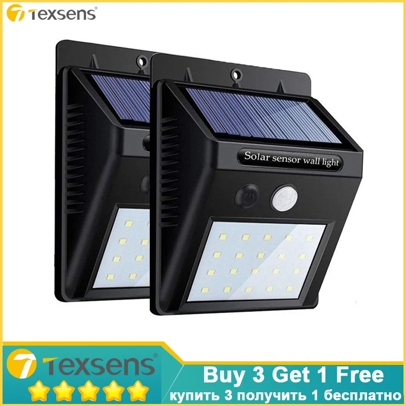 Texsens Buy 3 get 1 Free 20Leds Solar Wall Light Rechargeable LED Solar Lamp Bulb IP65 Garden Lamp Decoration PIR Motion Sensor