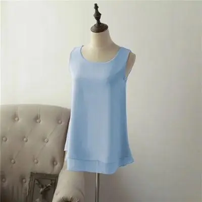 New Solid color Women Long Chiffon shirt summer Casual Top plus size S-6XL Loose sleeveless Blouse Double chiffon Blouses - Цвет: sky blue