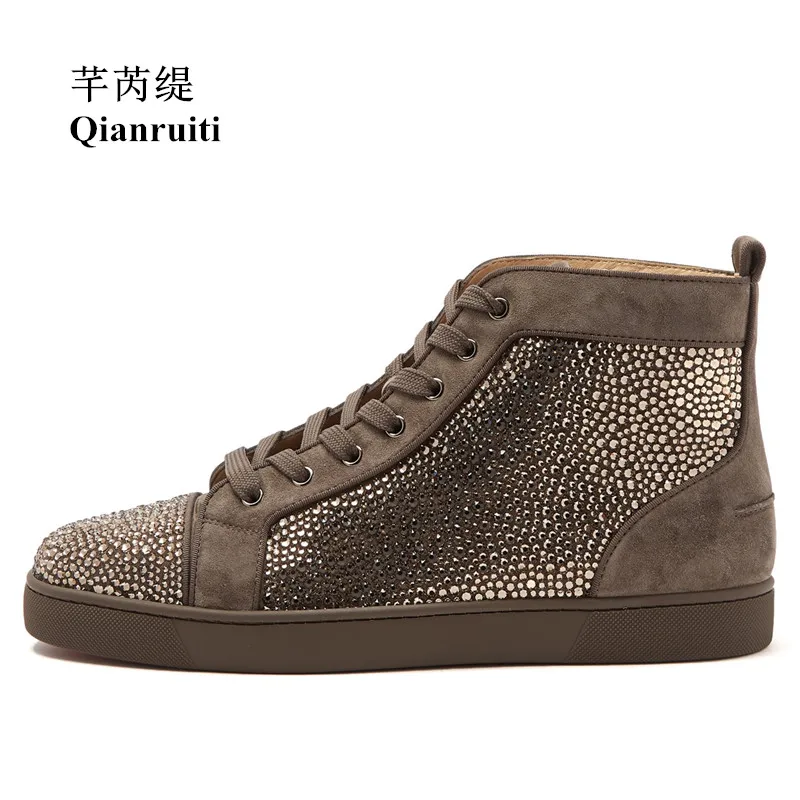 

Qianruiti Men Brown Suede Rhinestone Sneaker High Top Crystal Flat Lace-up Ankle Boots Zapatillas Hombre Casual Shoes for Men