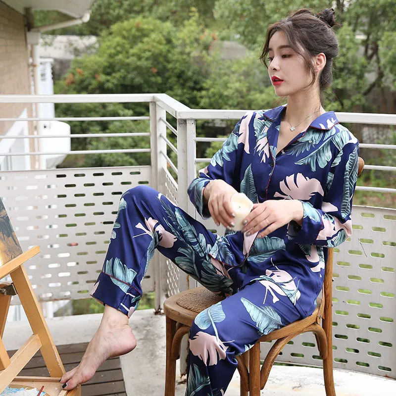 Queenral 2 PCS Silk Satin Women Pajama Set Sleepwear Long Sleeve Trousers Lingerie Homewear Pijamas For Woman Home Suit Printing13