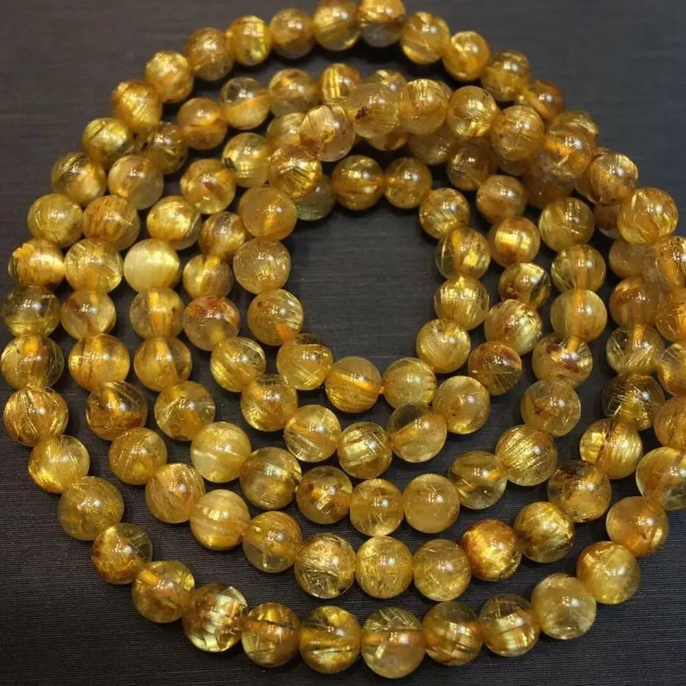 

4.8mm Natural Gold Rutilated Quartz Titanium Stretch Crystal Beads Bracelet