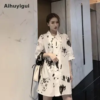 

Aihuyigui 2019 Summer Women Spot Print Shirt Elegant Seven-quarter Sleeve Turn Down Collar Single Breasted Blouse Ru175