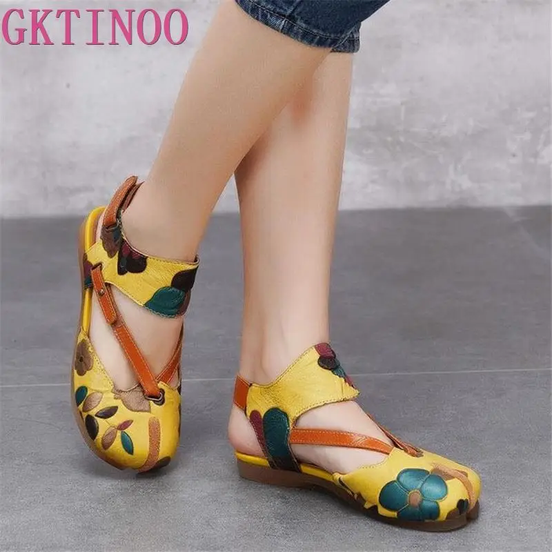 

2020 Summer Original Genuine Leather Shoes Women Sandals Vintage Style Shoes Women Handmade Flowers Design Ladies Flat Sandals