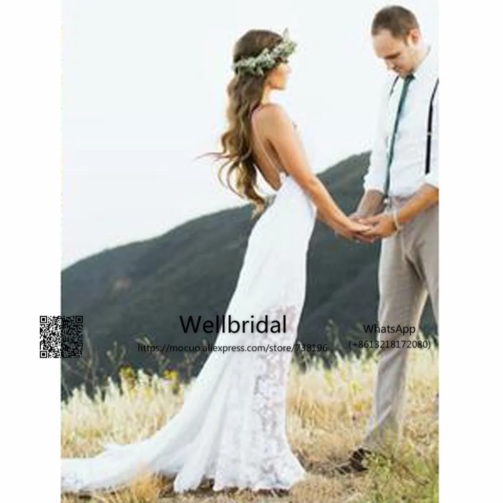 Sexy Backless Beach Wedding Dress,Spaghetti Bridal Dresses,Summer Outdoor Bridal Gowns,Lace Vestido de noiva,Plus Size Wedding Dress 2017 2ps